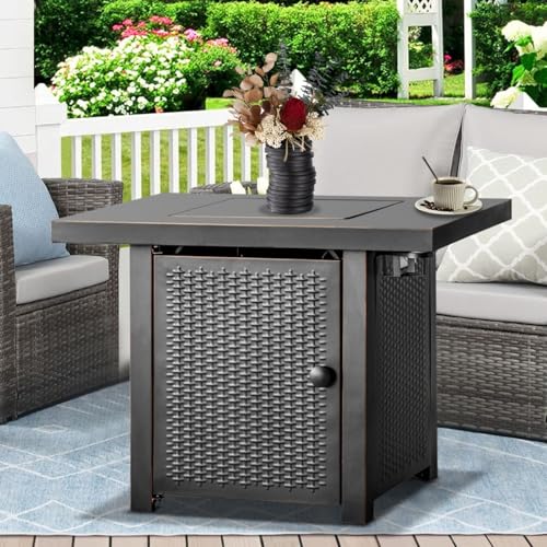 32 Inch Propane Fire Pit Table with Lid and Lava Rock A14699