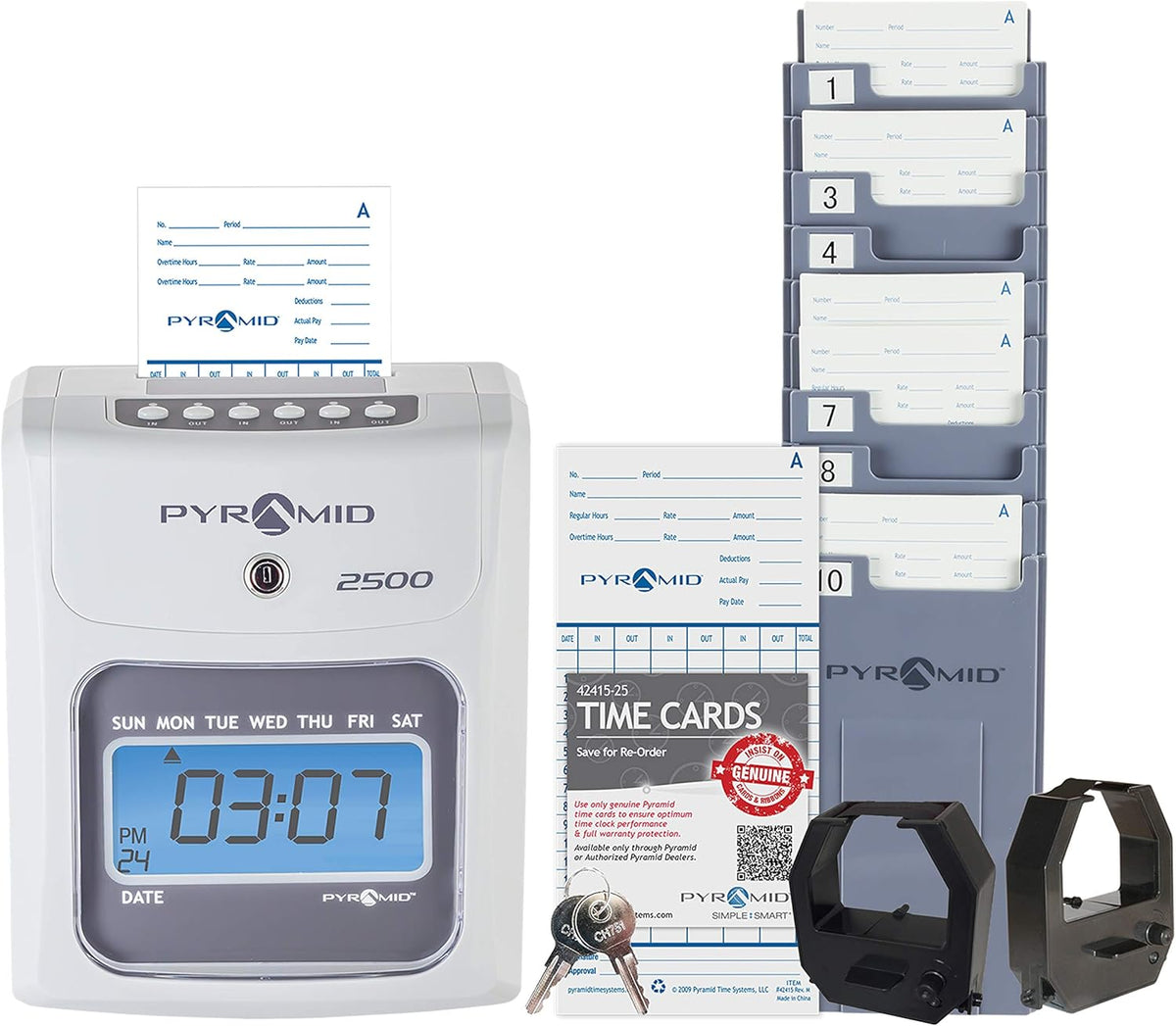 Time Clock Bundle with 100 Time Cards, Two Ink Ribbon Cartridges, 10 Slot Time Card Rack and Two Security Keys Y312496