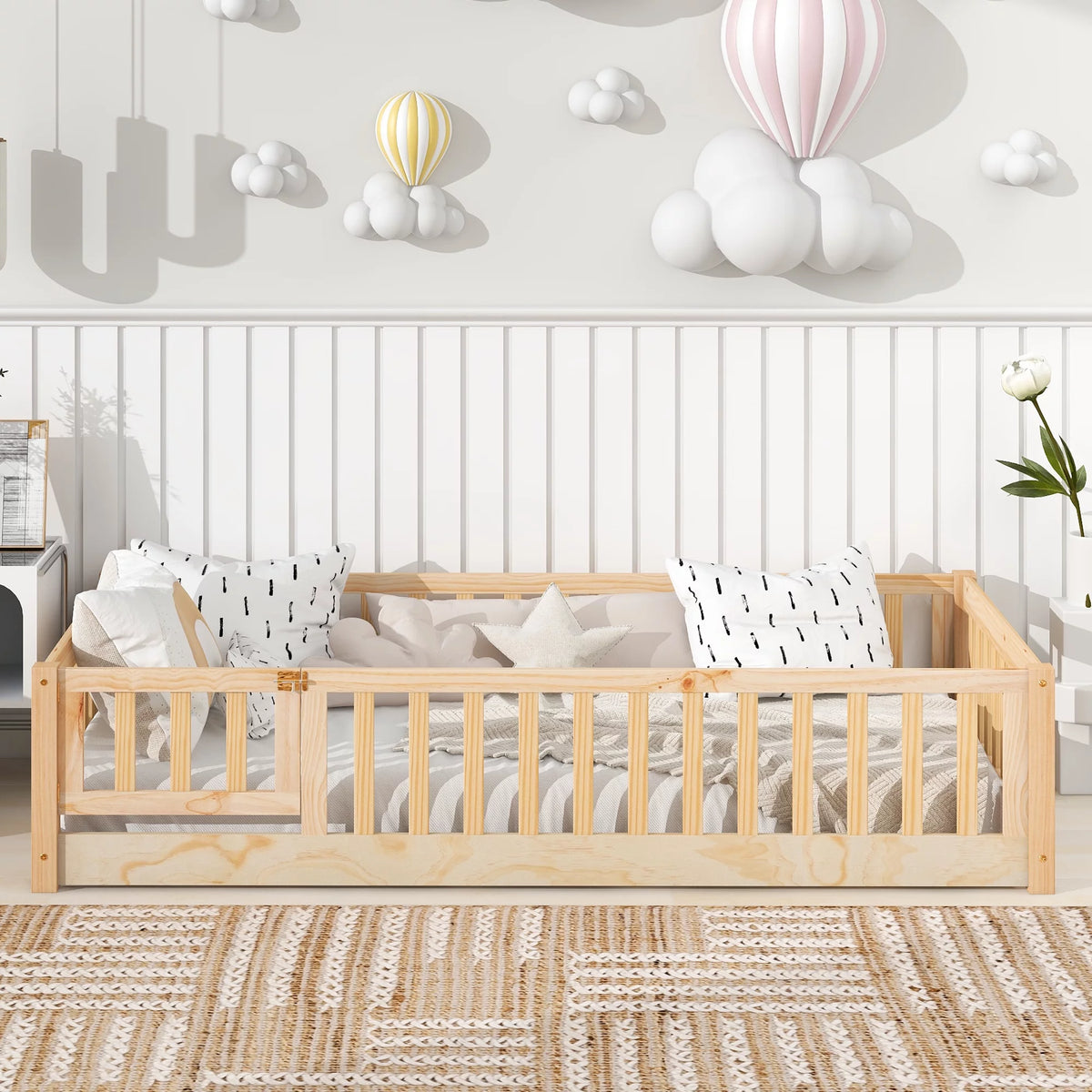 Twin Wood Floor Bed Frame with Slats and Fence J15538