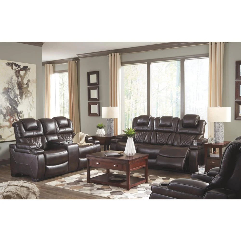 Brown Leatherette Power Reclining Sofa with Adjustable Headrest U86843
