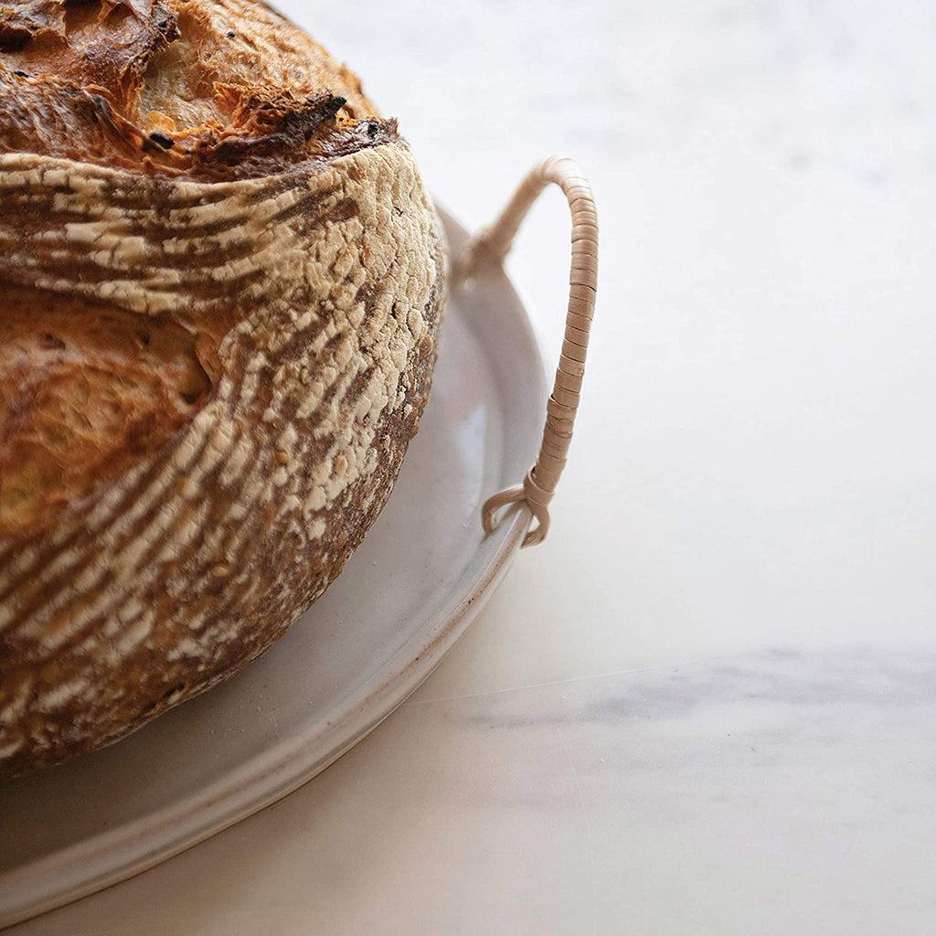 Stoneware Platter with Rattan Wrapped Handles, Reactive Glaze, White & Brown M2276
