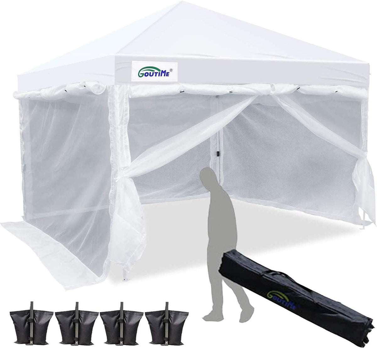 10 x 10 Ft Pop Up Canopy with White Mesh Side Walls and Wheeled Carry Bag I8675