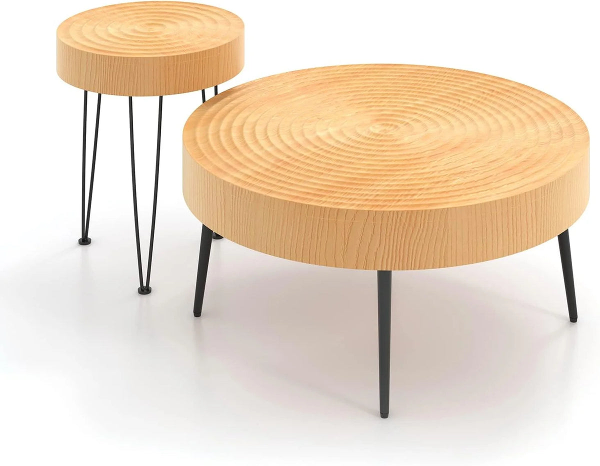 Round Coffee Table Set of 2 Wood Nesting Side Tables with Metal Legs K44185