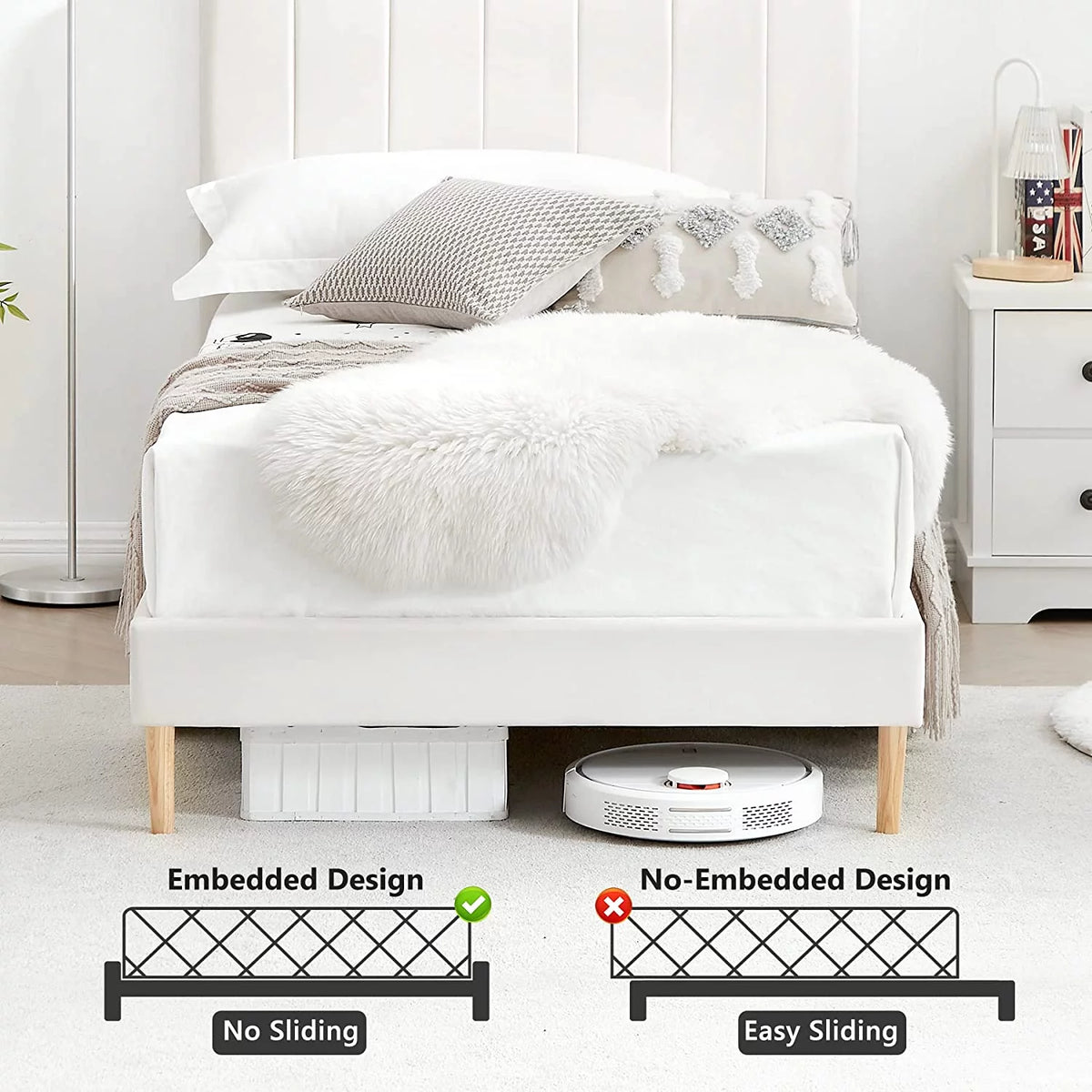 Off White Twin Size Velvet Upholstered Bed Frame with Headboard X546