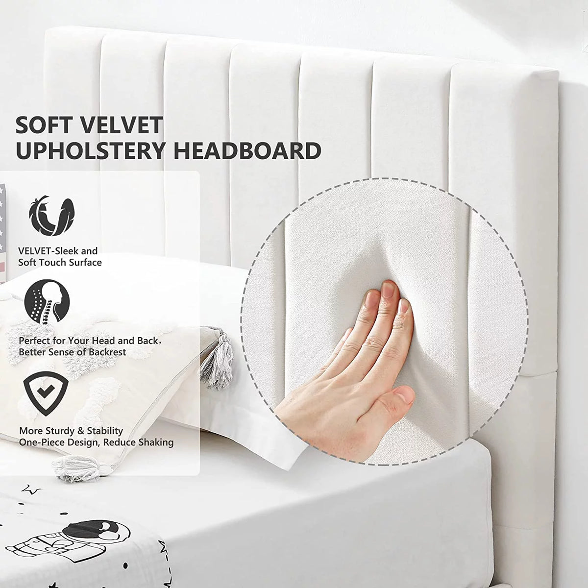 Off White Twin Size Velvet Upholstered Bed Frame with Headboard X546