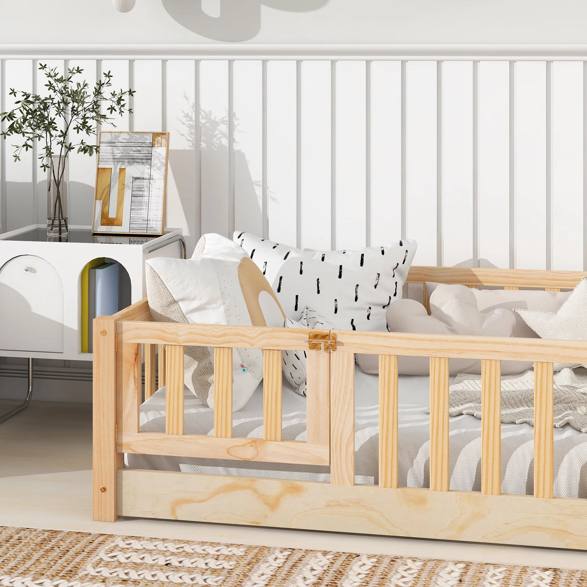 Twin Wood Floor Bed Frame with Slats and Fence J15538
