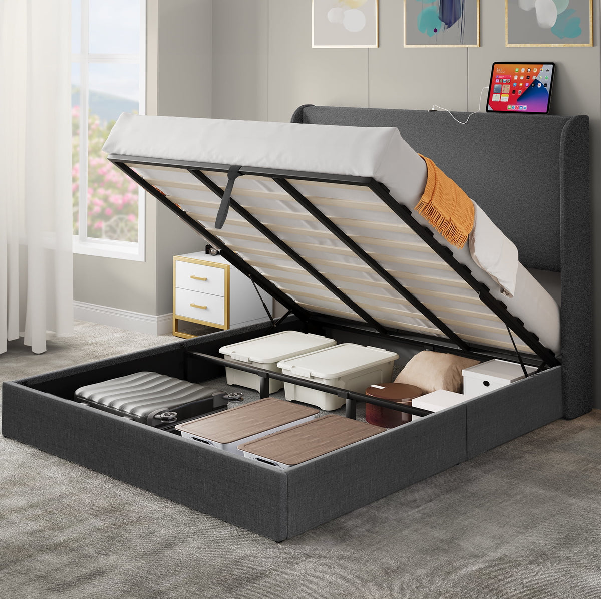 Queen Size Lift-Up Storage Bed with Charging Station and Wingback Headboard T785508