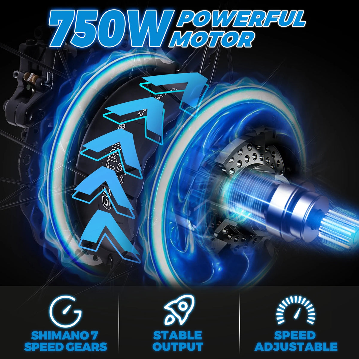 26 × 4" Fat Tire Electric Bike 750 W 7 Speeds Black Removable Lithium Battery 48 V 12.5 Ah Pedal Assist G32914