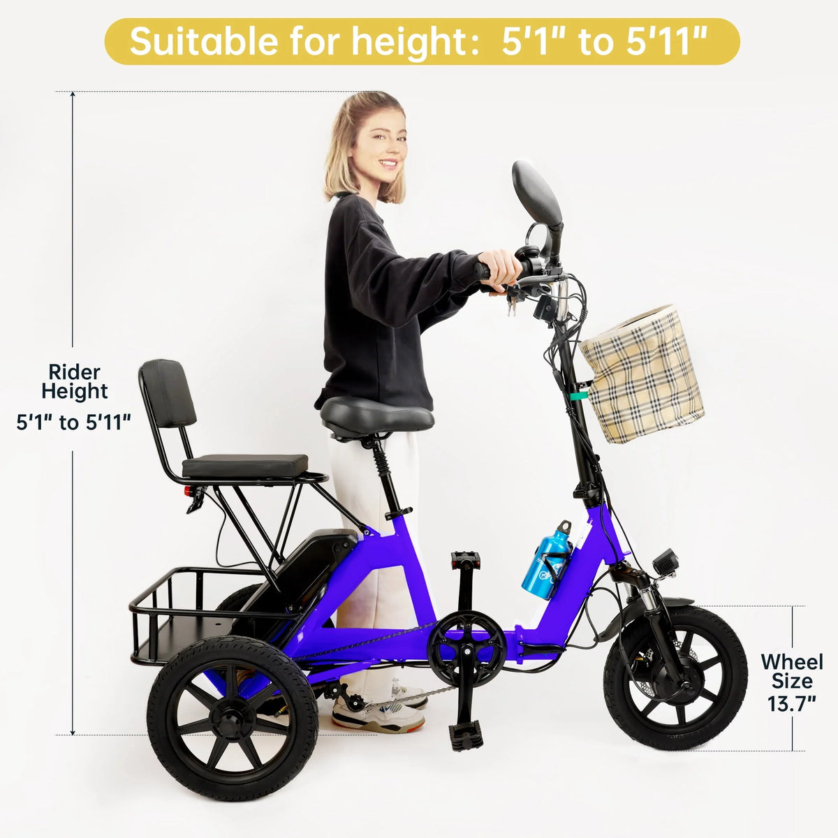 Folding 3 Wheel Electric Tricycle with Front & Rear Basket O15673
