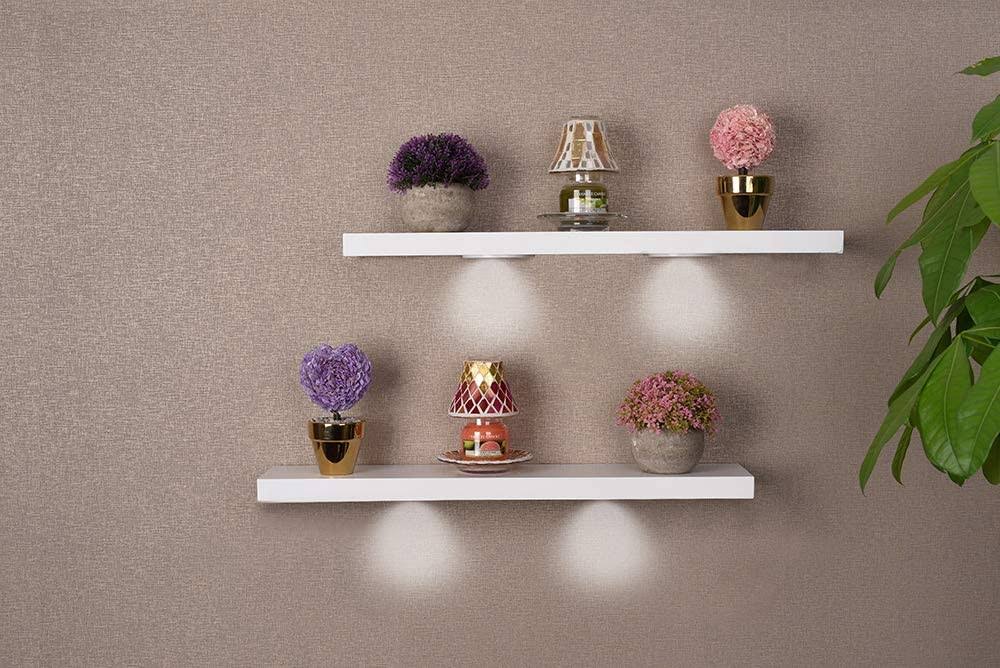 White Wood Floating Wall Shelves with LED Lights (Set of 2) P181