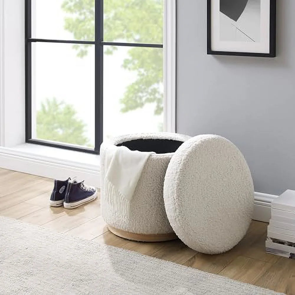 Natural Sherpa Round Ottoman with Wood Accent V620