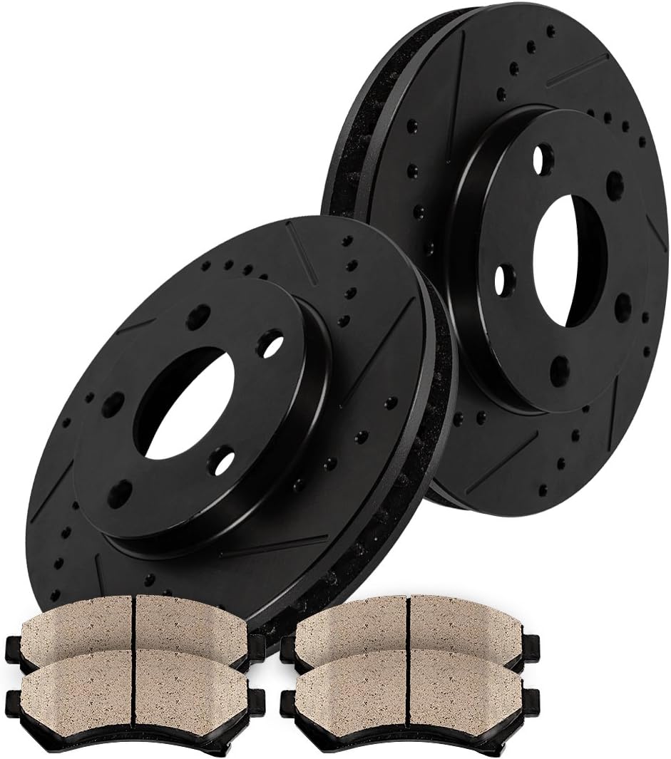 Black Drilled/Slotted Brake Disc Rotors with Metallic Brake Pads S281