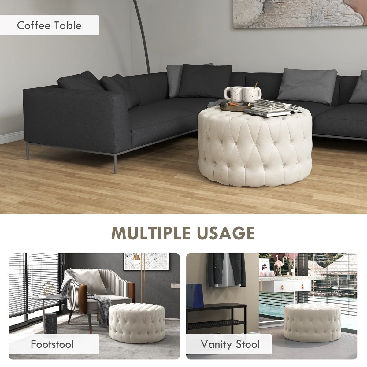 Beige Velvet-Feel Tufted Ottoman V7689