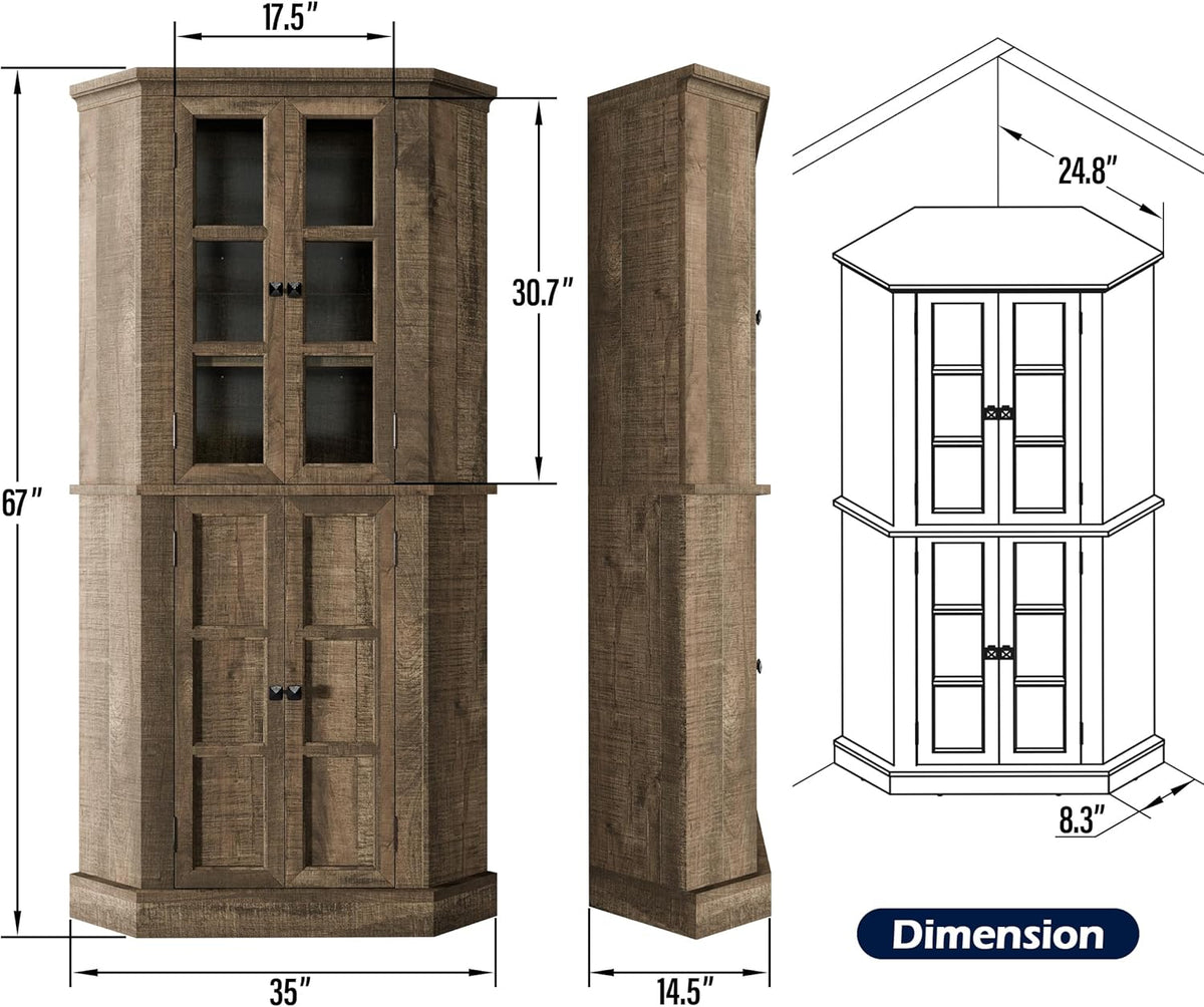 Rustic Brown Tall Corner Storage Cabinet with Glass Doors and Adjustable Shelves B99855