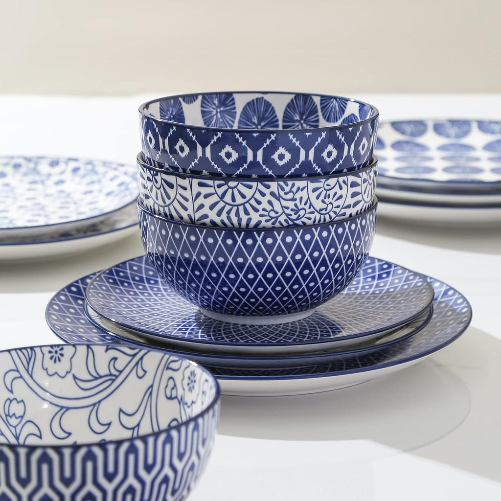 12 Piece Ceramic Dinnerware Set with 8 OZ Cappuccino Cup and Saucers, Vintage Blue B62325