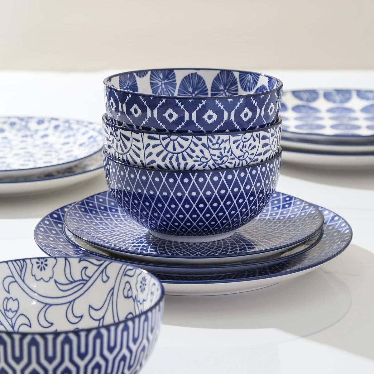 12 Piece Ceramic Dinnerware Set with 8 OZ Cappuccino Cup and Saucers, Vintage Blue B62325
