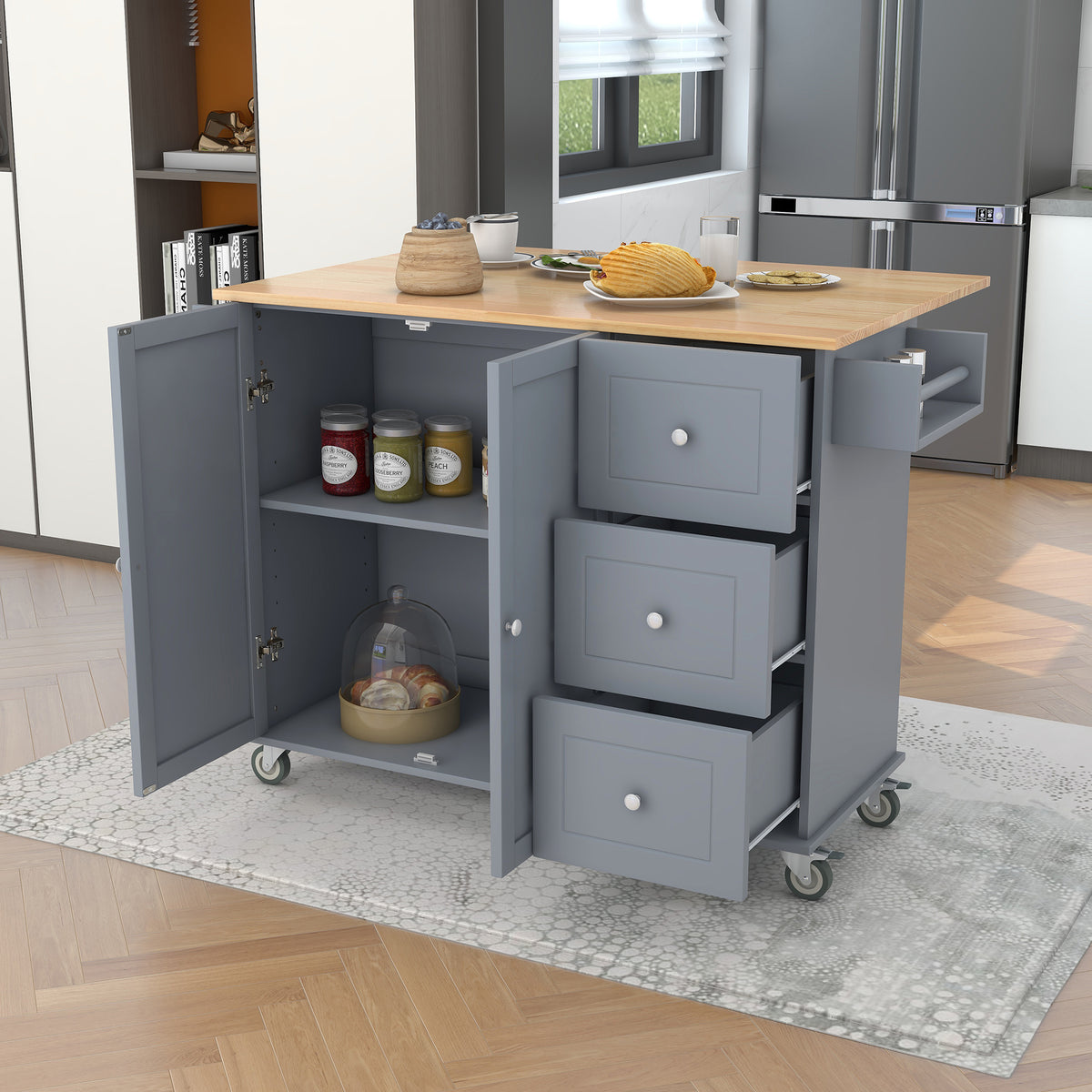 Blue Rolling Kitchen Cart with Drop Leaf Wood Top C710707