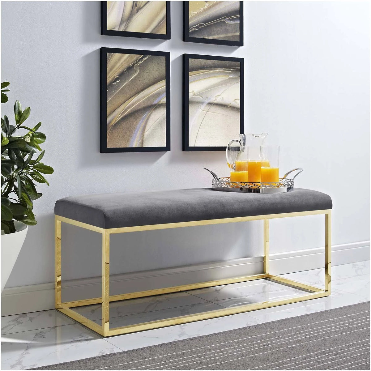 Gold Gray Fabric Bench T97464