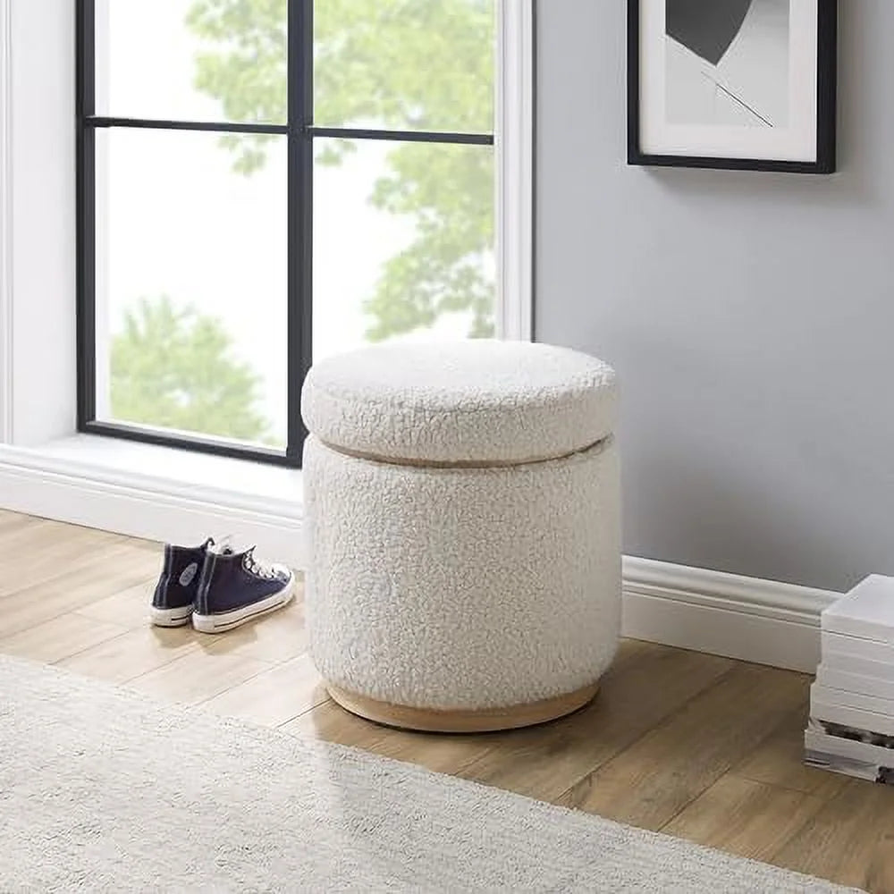 Natural Sherpa Round Ottoman with Wood Accent V620