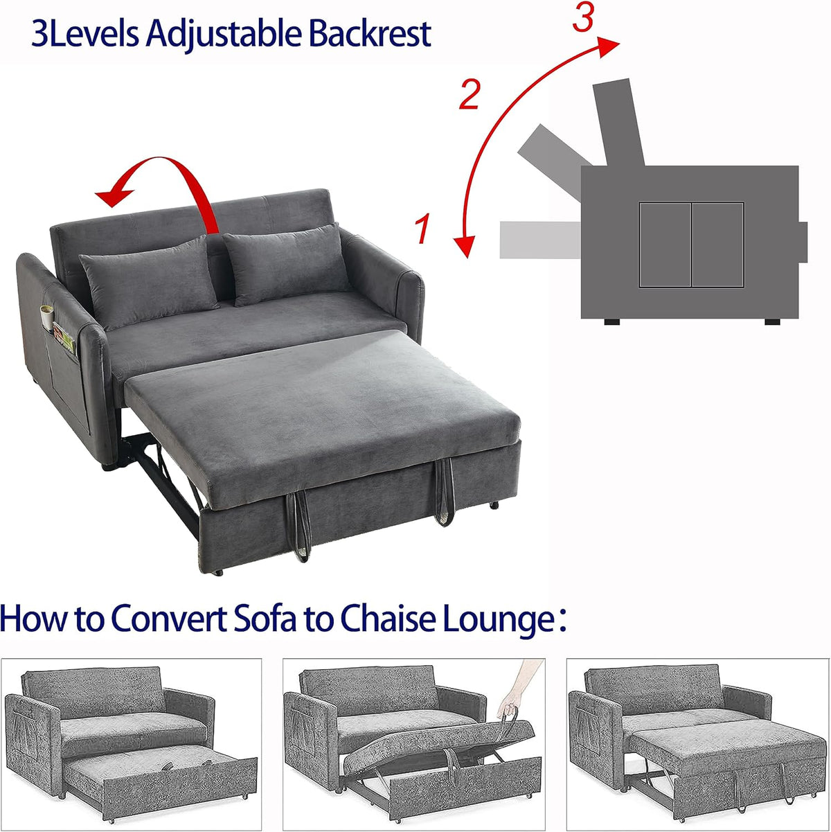 54" 3-in-1 Convertible Sleeper Pull Out Sofa Bed Recliner Grey A649613