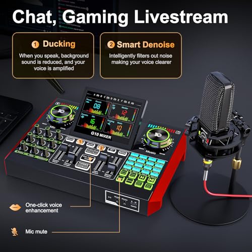 Podcast Microphone Bundle with Live Sound Card Audio Mixer, 3.5mm Condenser Microphone, Sound Board with Voice Changer H407