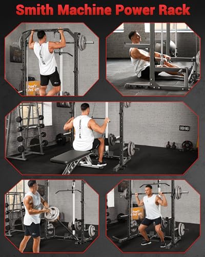 Smith Machine Home Gym with Barbell Bar, Cable System, Lat Pulldown Attachments, Safety Spotter Arms, J Hooks, Landmine, Multi-Functional Squat Rack D3973