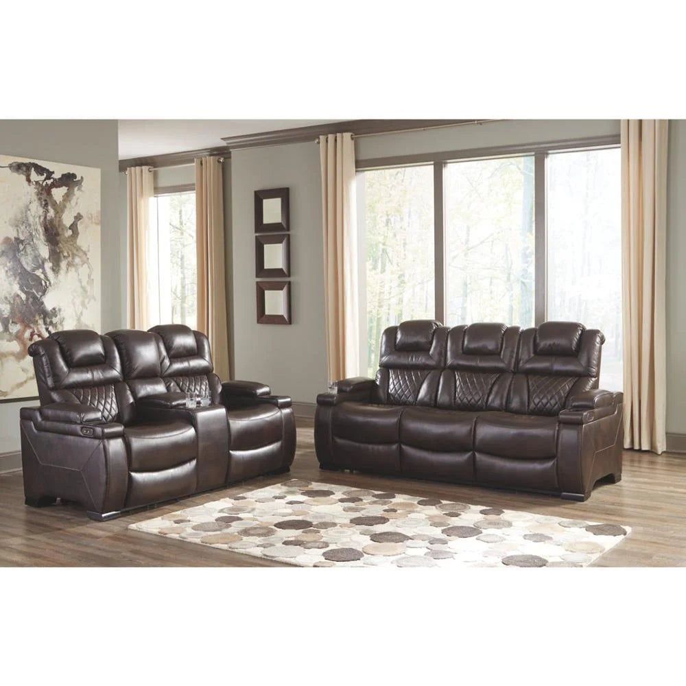 Brown Leatherette Power Reclining Sofa with Adjustable Headrest U86843