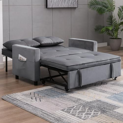 Dark Grey Upholstered Convertible Folding Sofa Bed with Storage Pocket K375540
