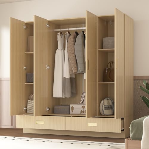 82.7" H Armoire Wardrobe Closet with 8 Doors and 2 Drawers, Light Brown Wood Grain P681224