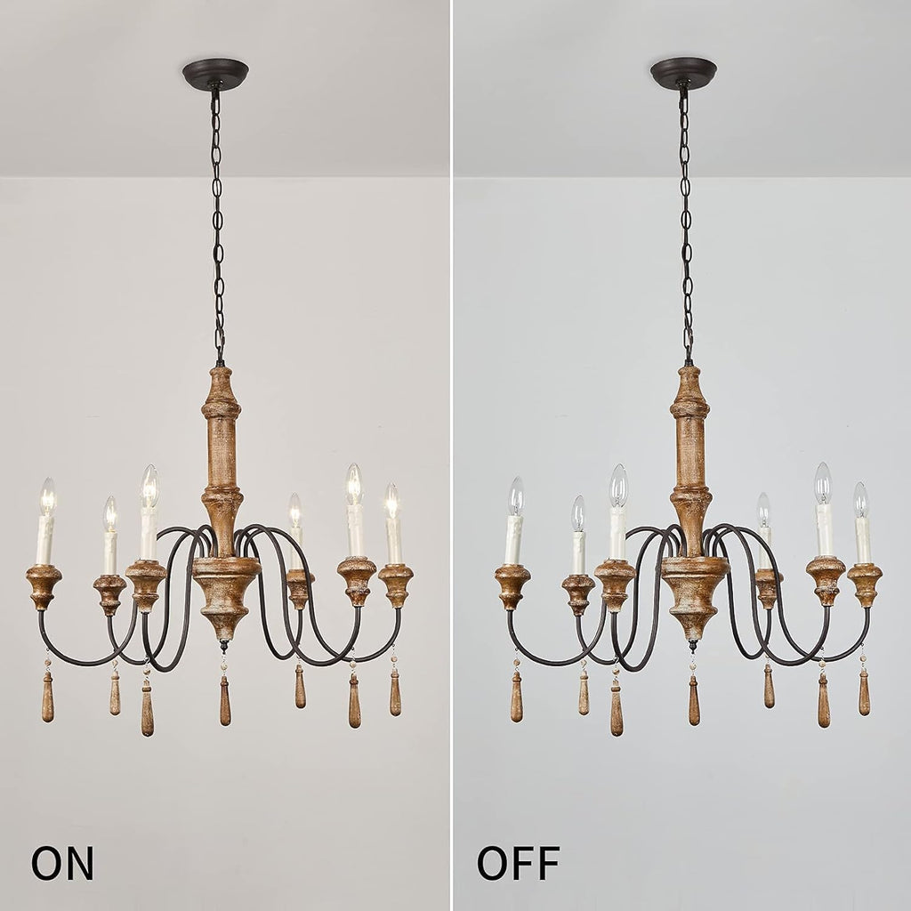 French Country 6-Lights Handmade White Distressed Wood Chandelier Q9017
