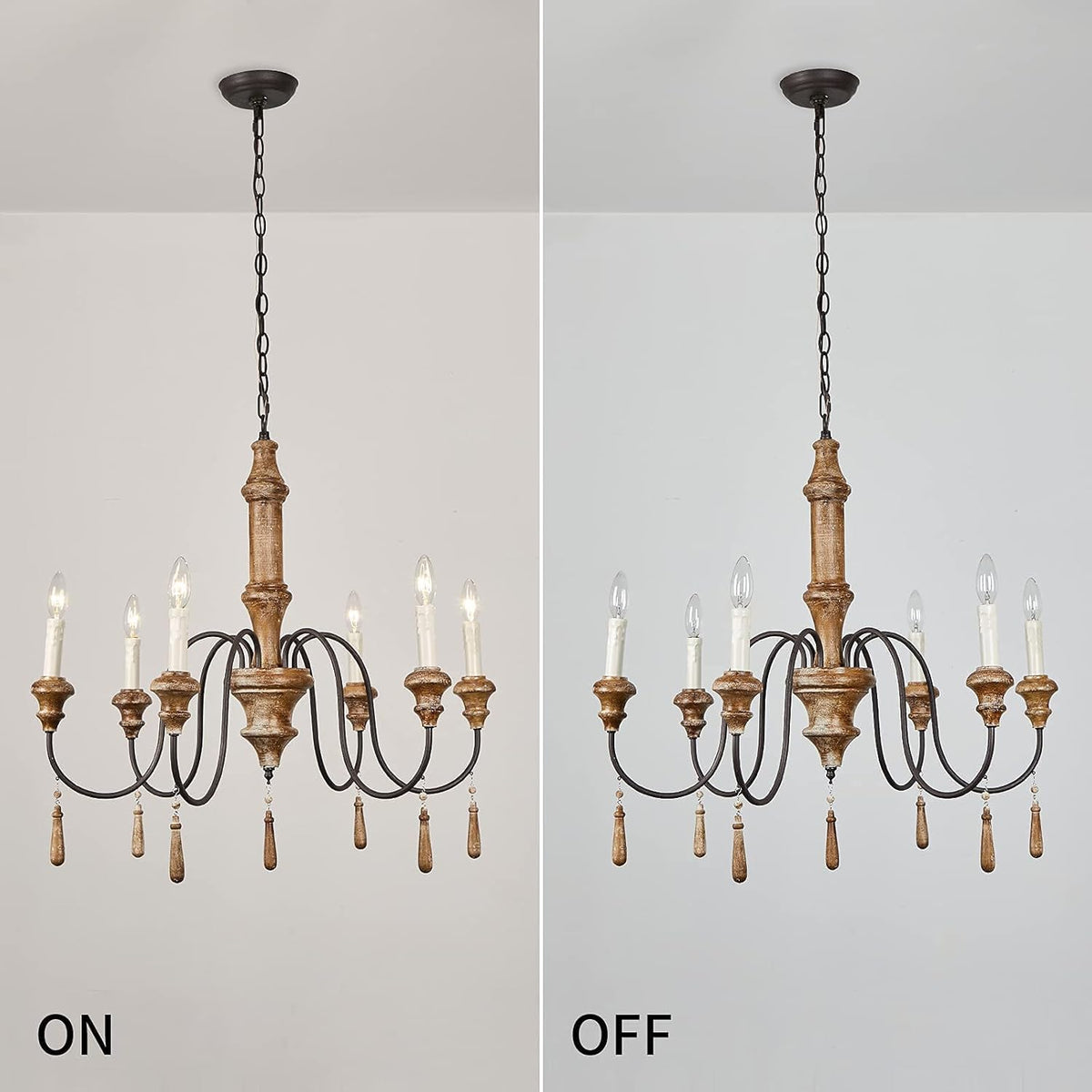 French Country 6-Lights Handmade White Distressed Wood Chandelier Q9017