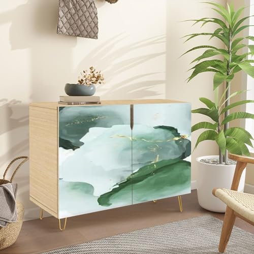 Mid Century Sideboard with 2 Doors Marble Gold White Texture Cabinet H8998