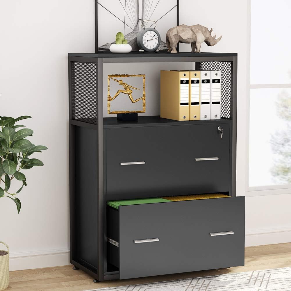 2 Drawer Lateral File Cabinet with Lock, Metal Wire Open Storage Shelves (Walnut) P63979