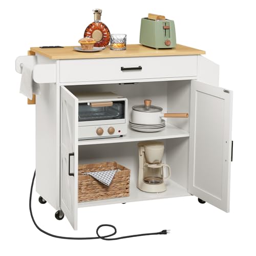 White Kitchen Island with Drop Leaf Countertop & Power Outlet Q584385