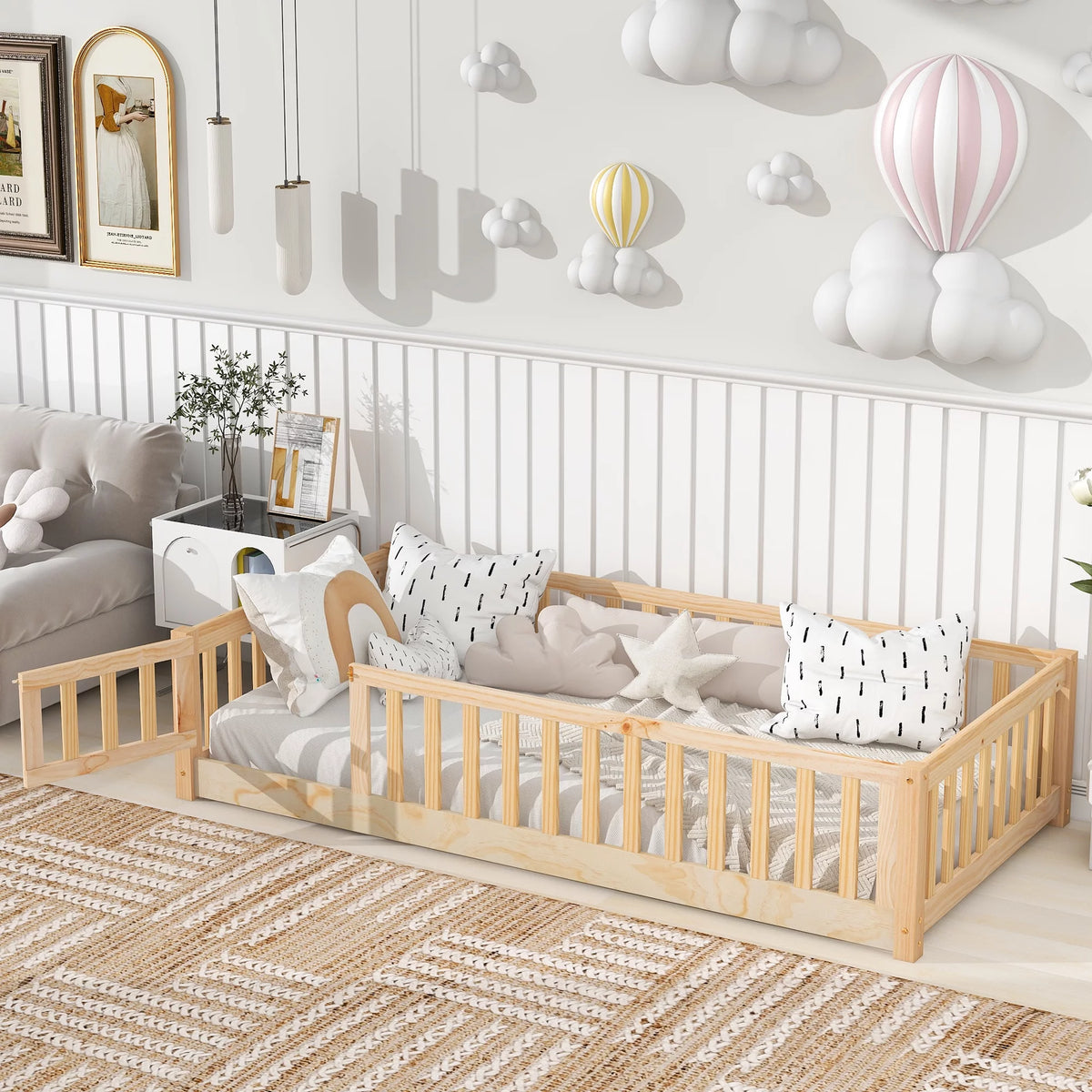 Twin Wood Floor Bed Frame with Slats and Fence J15538