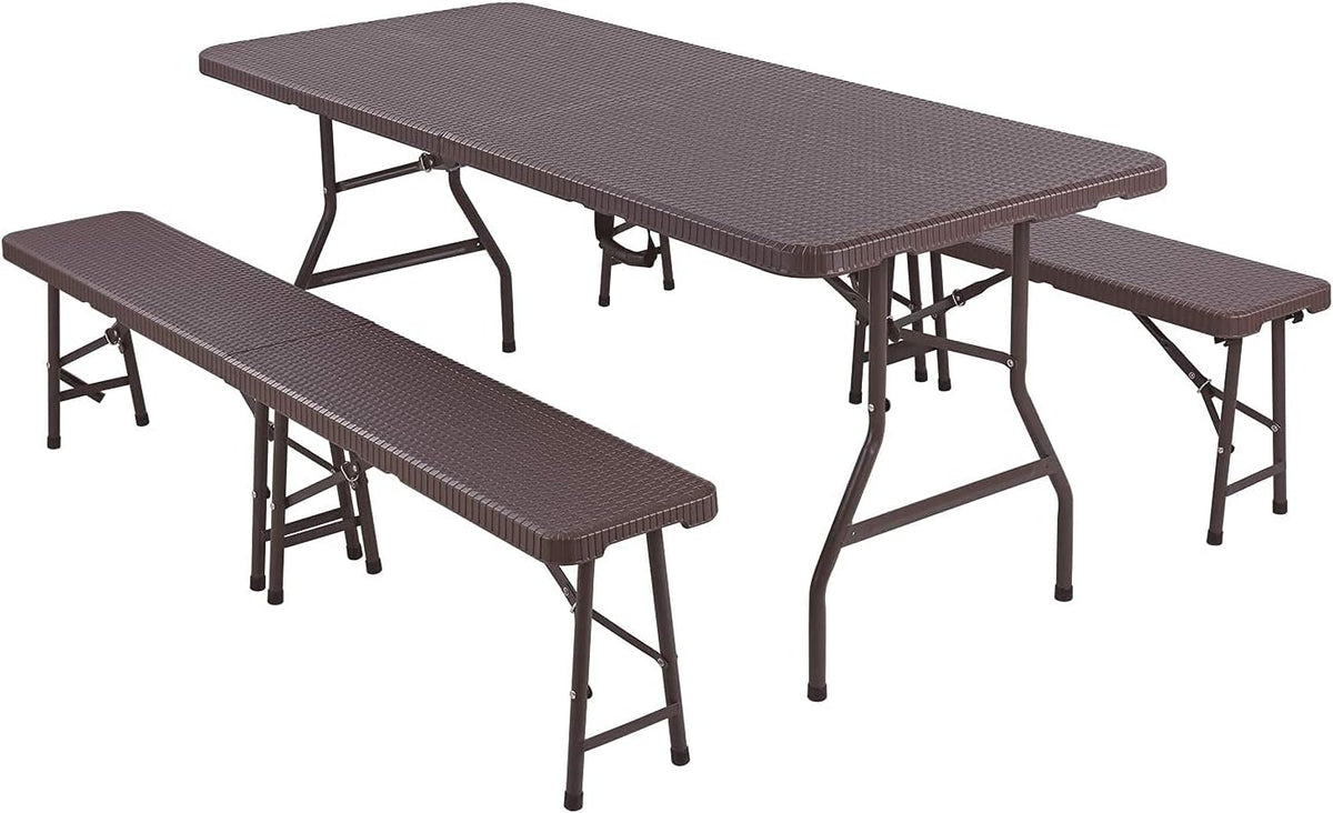 Portable Folding Table and Benches Set, 6 ft x 30 inch Rattan Look Plastic P269056