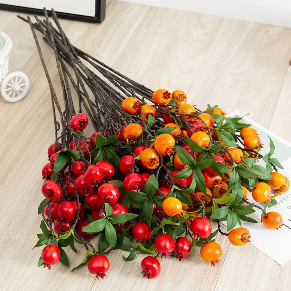 9 Heads Artificial Pomegranate Branch with Leaves G43770