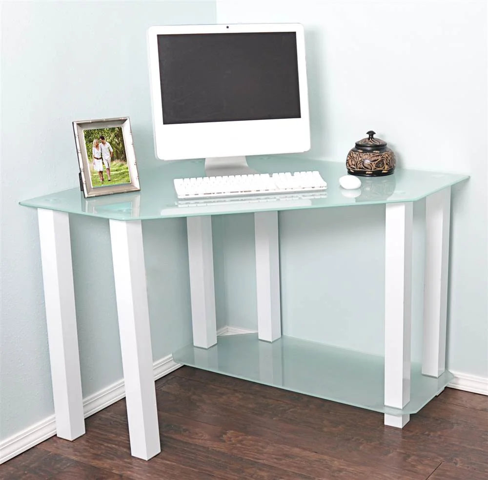 Gloss White Frosted Tempered Glass Corner Computer Desk J62404
