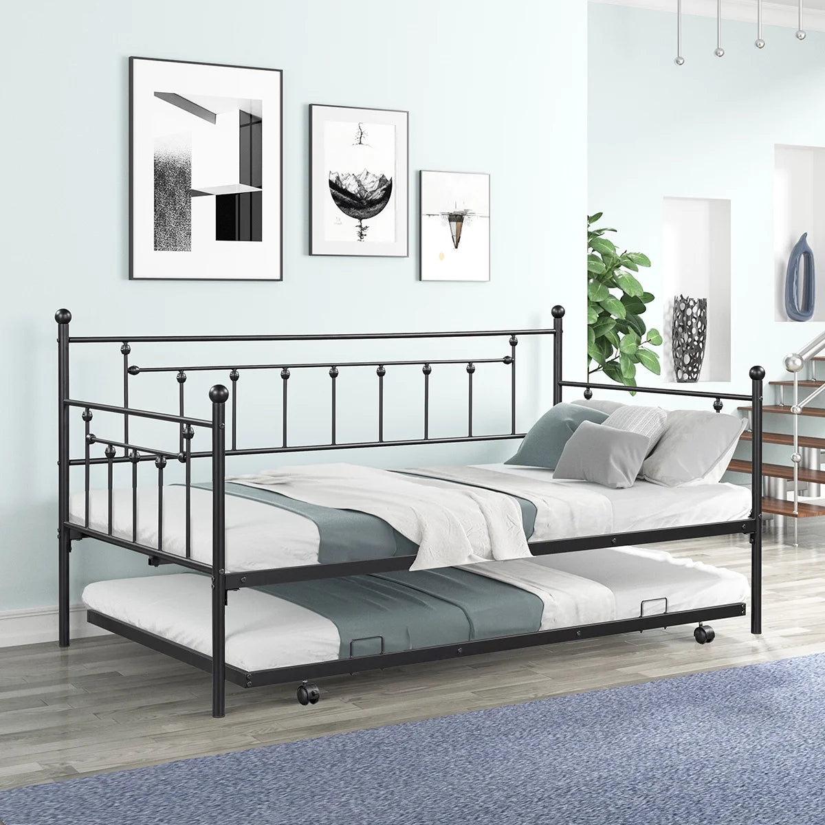 Twin Size Black Metal Daybed with Trundle W845420