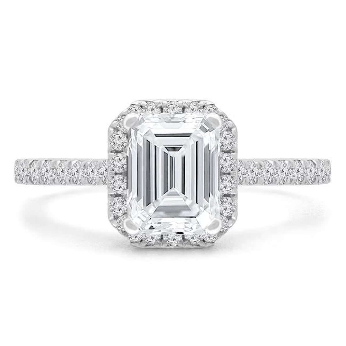 1.5 CTW Emerald Diamond Radiant Halo Engagement Ring in 14K White Gold O391