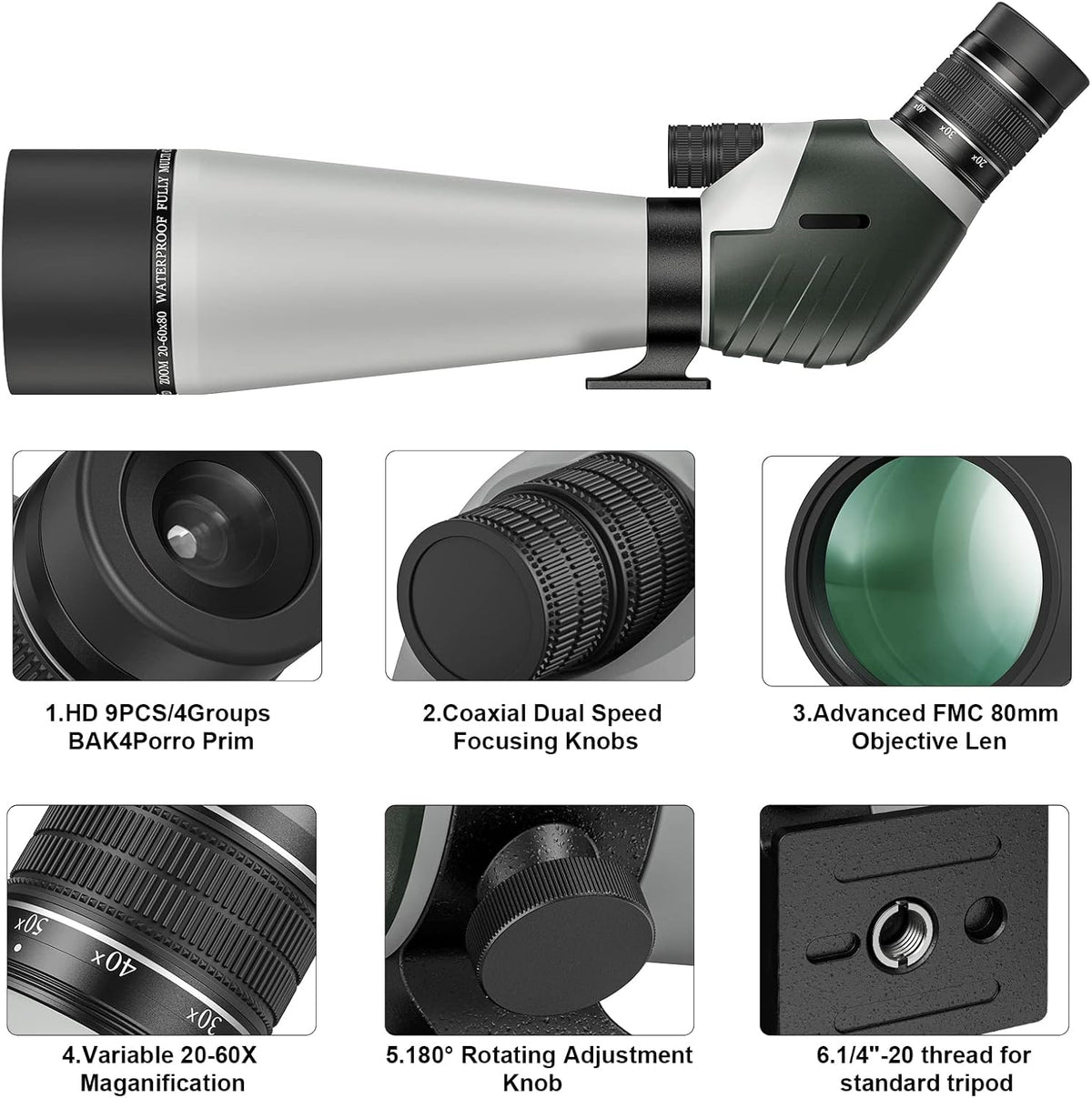 20-60X80 Spotting Scope with Tripod, Carry Bag, Dual Focusing and 24MM Big Eyepiece Z74408