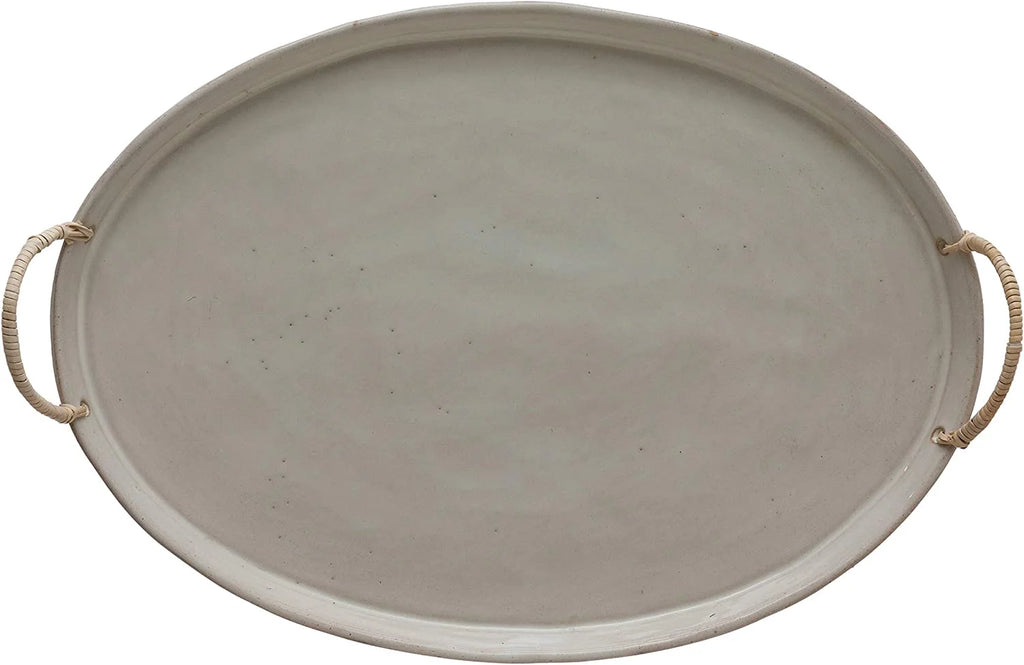 Stoneware Platter with Rattan Wrapped Handles, Reactive Glaze, White & Brown M2276