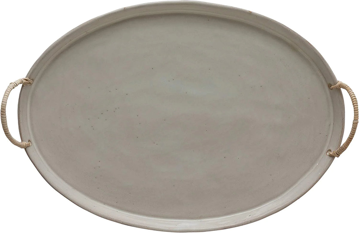Stoneware Platter with Rattan Wrapped Handles, Reactive Glaze, White & Brown M2276