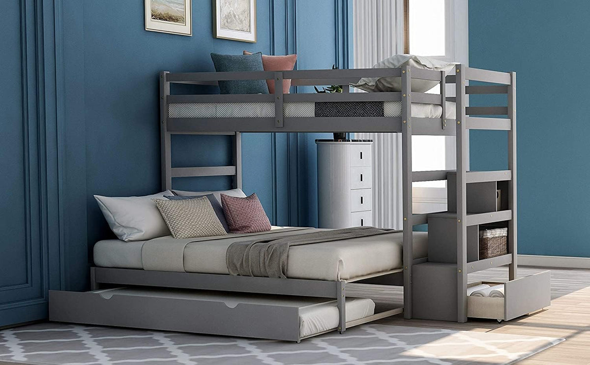 Twin Over Twin Low Bunk Bed with Slide and Ladder Grey E220426
