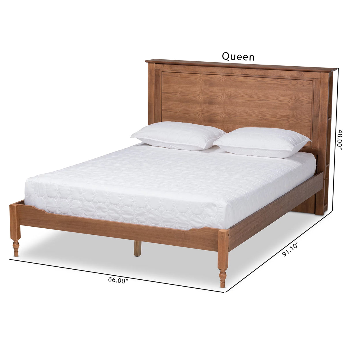 Ash Walnut Brown Wood Queen Size Platform Storage Bed with Built-In Shelves G521418
