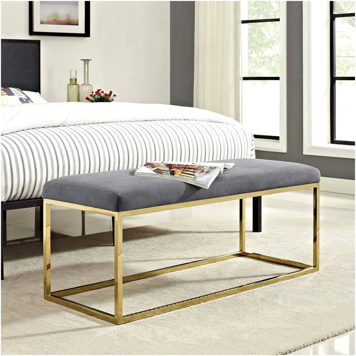 Gold Gray Fabric Bench T97464