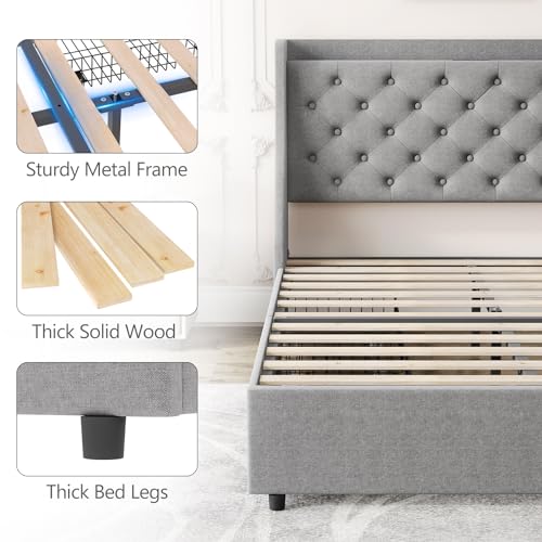 Queen Bed Frame with 4 Storage Drawers, Upholstered Wingback Headboard Y6165