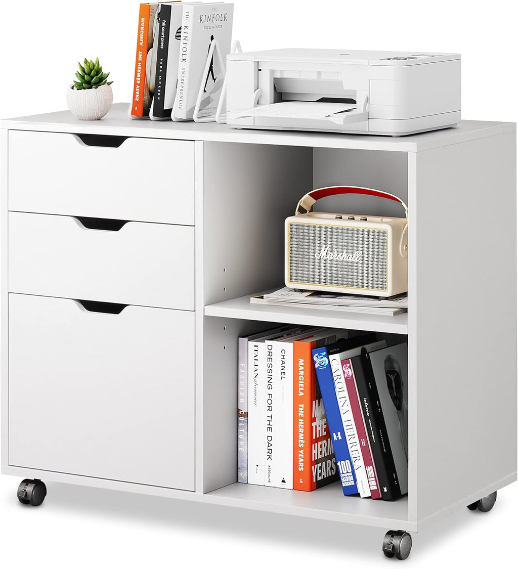 Black 3-Drawer Mobile Wood File Cabinet with Open Storage Shelves Z3205