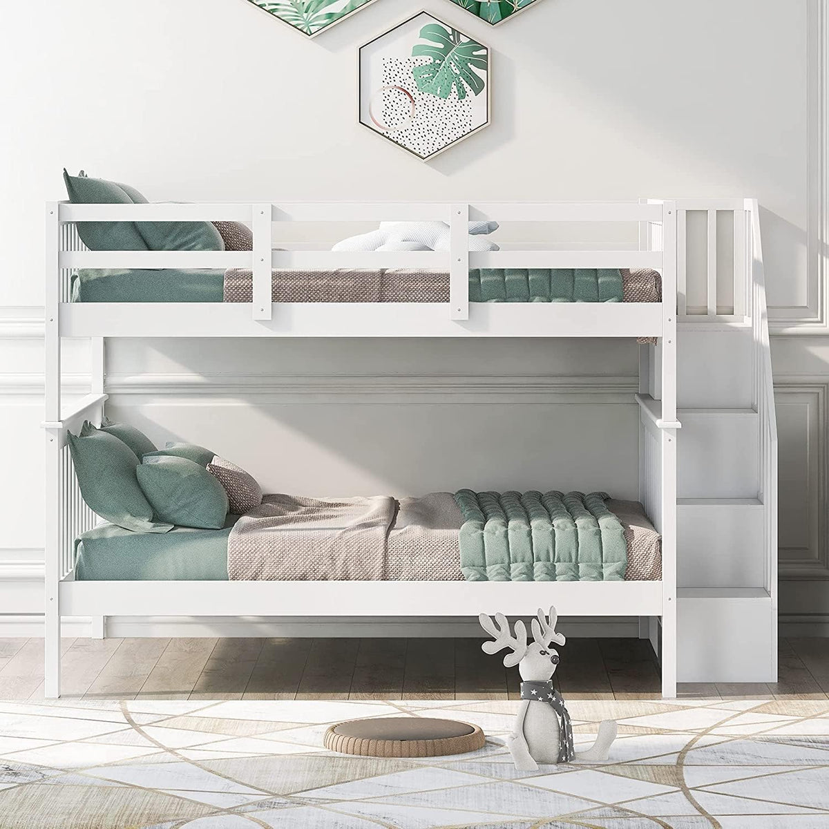 Twin Over Twin Low Bunk Bed with Slide and Ladder Grey E220426
