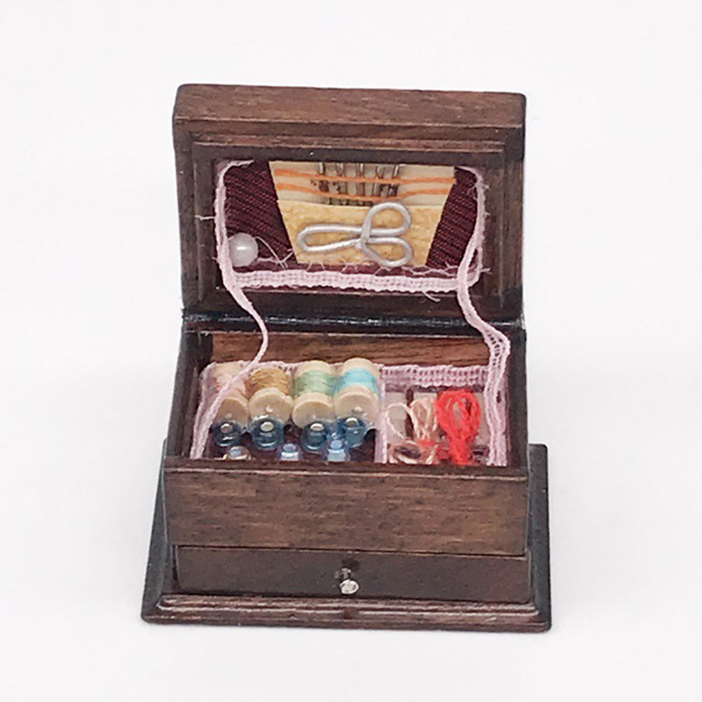 Miniature Chinese Wooden Sewing Kit Box Doll House Accessory U7016